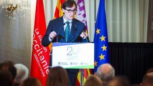 El presidente de la Generalitat, Salvador Illa, durante el acto de celebración del 20 aniversario de la Euroregión Pirineos Mediterráneo.